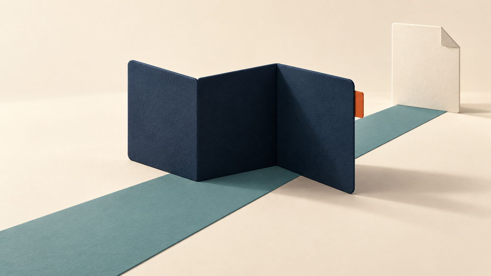 Editorial illustration of a folded navy barrier blocking a teal path to a white document, with a small orange tab visible behind the barrier.