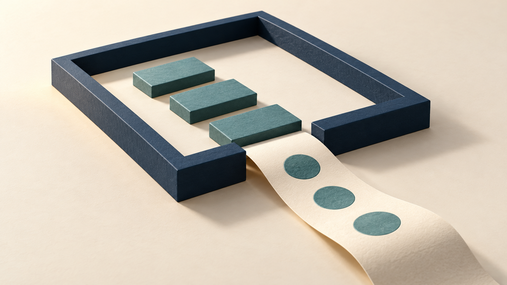 Editorial illustration of a paper trail passing through a navy frame, with teal blocks inside and teal circles on the paper.
