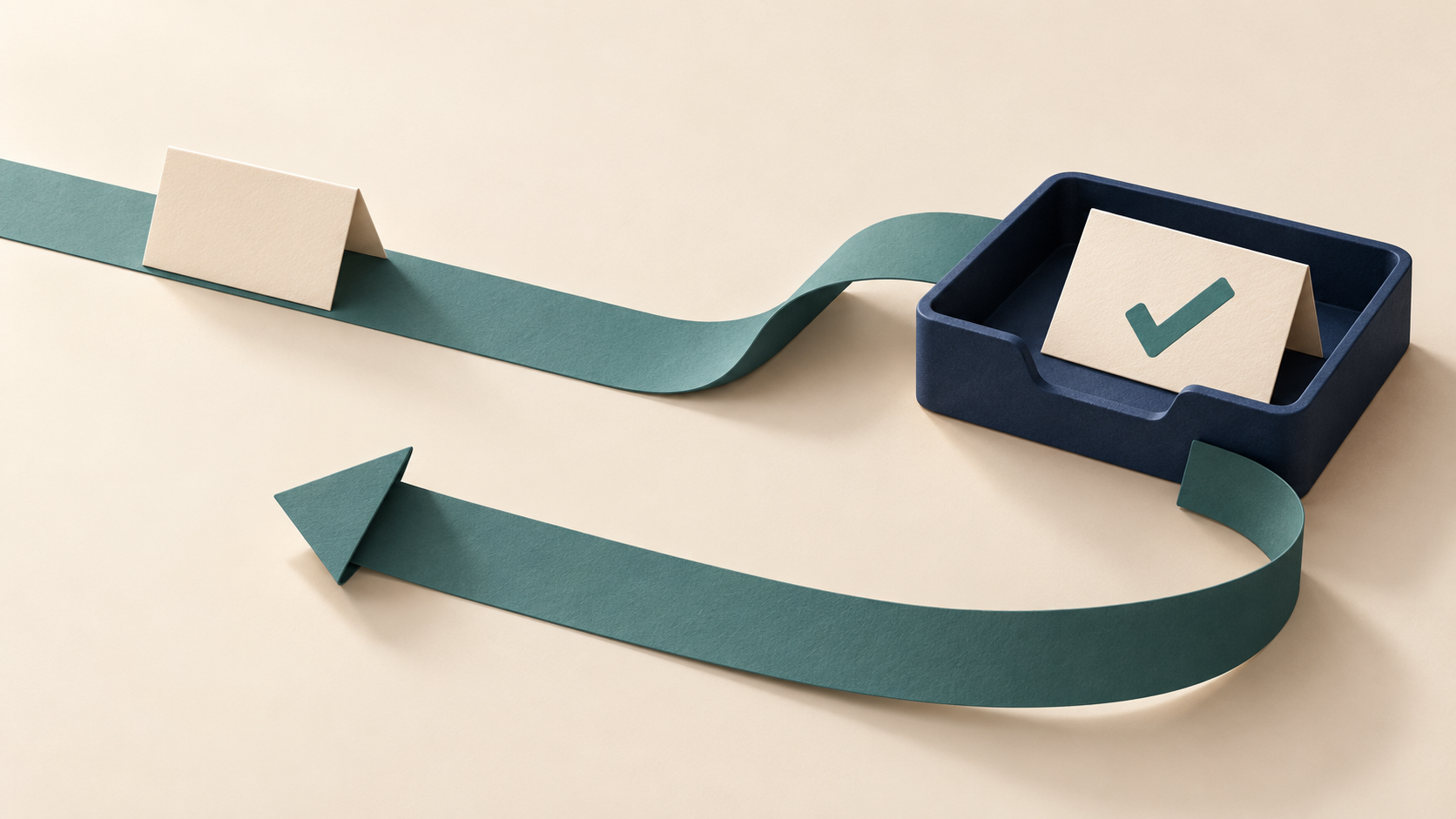 Editorial illustration of a teal path carrying a paper card to a navy inbox with a checked card, and a teal return arrow curving back from the inbox.