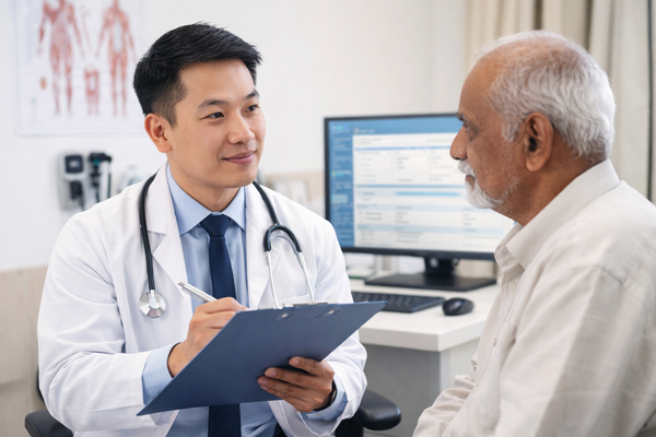 Male doctor with clipboard consulting senior patient in Canadian clinic office representing AI training data exposure risks and healthcare privacy protection under PHIPA and PIPEDA