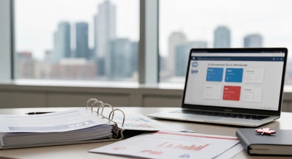 Office desk with open binder, business dashboard laptop, and skyline view representing ISO 42001 AI management system implementation for Canadian and global organizations