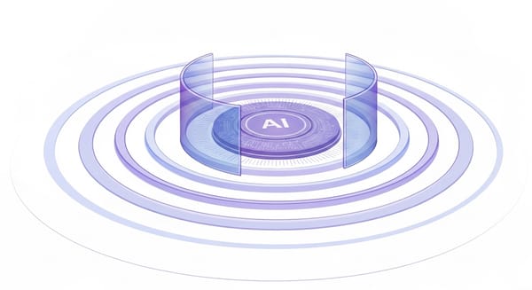 3D isometric AI chip with concentric ripples representing SOC 2 trust service criteria compliance layers for AI-powered services across multiple jurisdictions