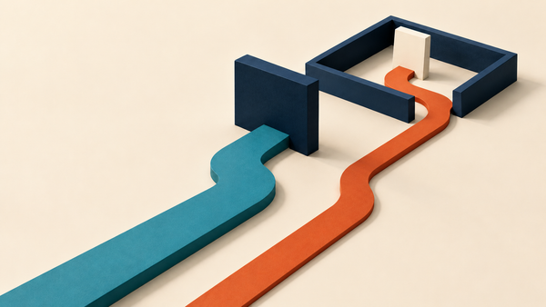 Editorial illustration of a teal route stopped by a navy barrier and an orange route curving around it to a white block inside a navy enclosure.